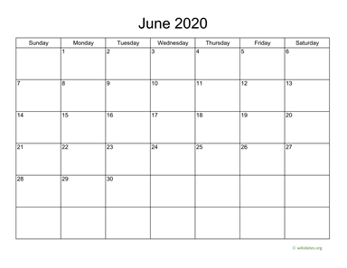 Basic Calendar for June 2020