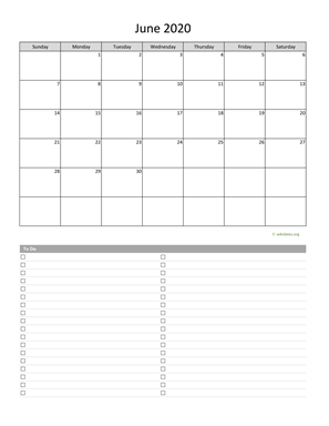 June 2020 Calendar with To-Do List