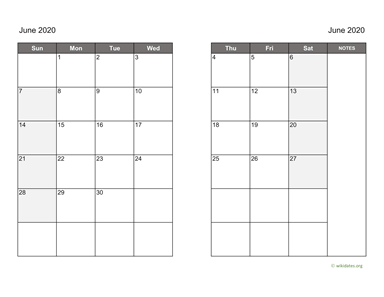 June 2020 Calendar on two pages