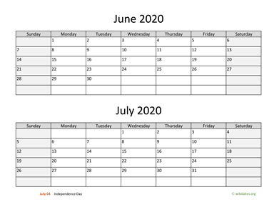 June and July 2020 Calendar Horizontal