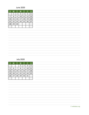 June and July 2020 Calendar with Notes