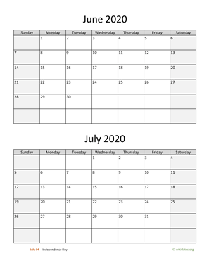 June and July 2020 Calendar Vertical
