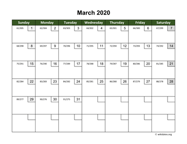 March 2020 Calendar with Day Numbers