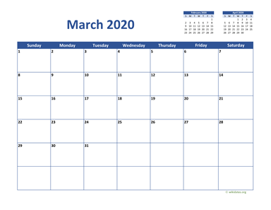 March 2020 Calendar Classic