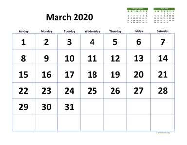 March 2020 Calendar with Extra-large Dates