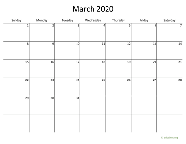 March 2020 Calendar with Bigger boxes