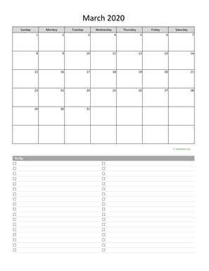March 2020 Calendar with To-Do List