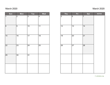 March 2020 Calendar on two pages