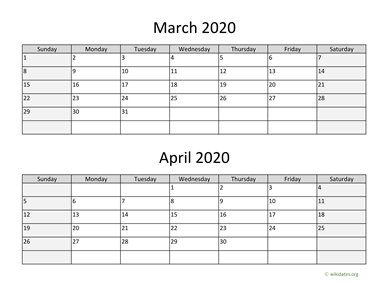 March and April 2020 Calendar Horizontal