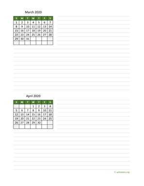 March and April 2020 Calendar with Notes