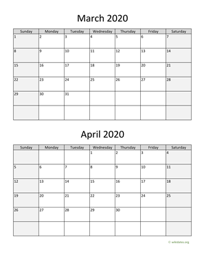 March and April 2020 Calendar Vertical