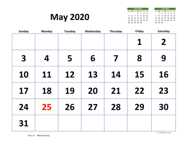 May 2020 Calendar with Extra-large Dates