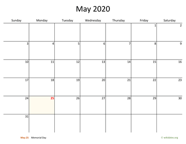 May 2020 Calendar with Bigger boxes