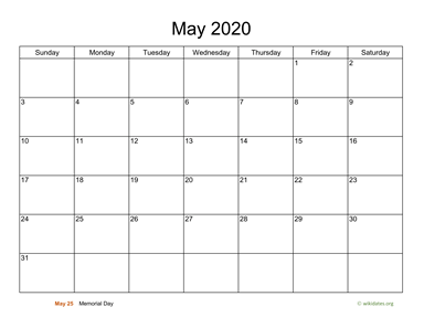 Basic Calendar for May 2020