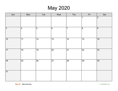 May 2020 Calendar with Weekend Shaded