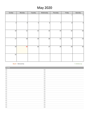 May 2020 Calendar with To-Do List