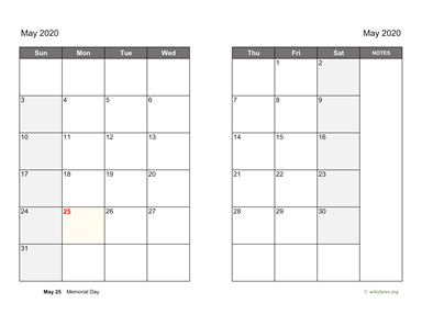 May 2020 Calendar on two pages