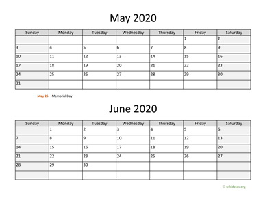 May and June 2020 Calendar Horizontal