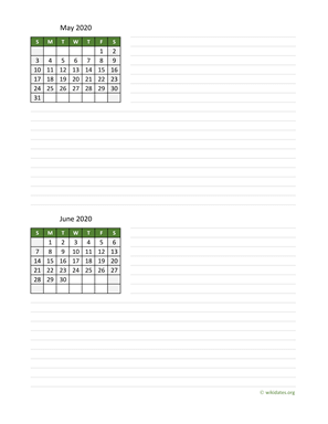 May and June 2020 Calendar with Notes