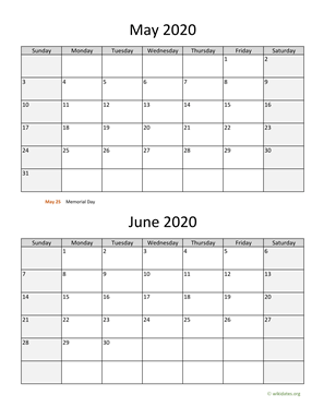 May and June 2020 Calendar Vertical
