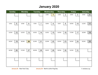 Monthly 2020 Calendar with Day Numbers