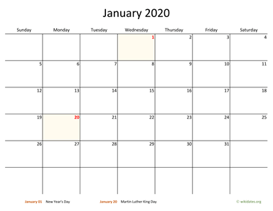 Monthly 2020 Calendar with Bigger boxes
