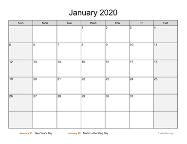 Monthly 2020 Calendar with Weekend Shaded