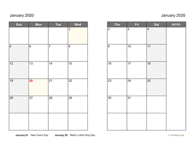 Monthly 2020 Calendar on two pages