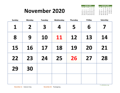 November 2020 Calendar with Extra-large Dates