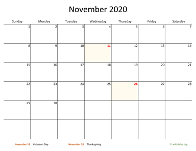 November 2020 Calendar with Bigger boxes