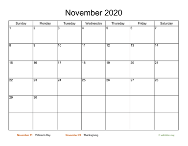 Basic Calendar for November 2020