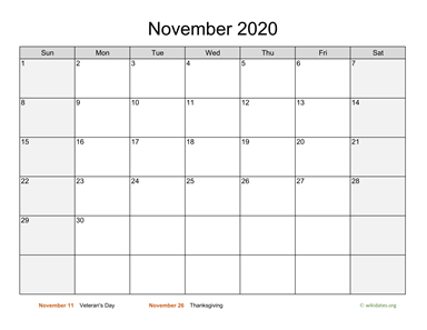 November 2020 Calendar with Weekend Shaded