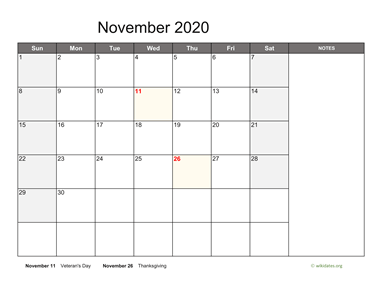 November 2020 Calendar with Notes