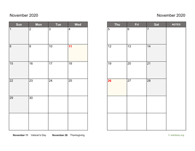 November 2020 Calendar on two pages