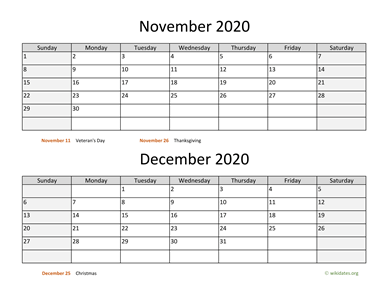 November and December 2020 Calendar Horizontal