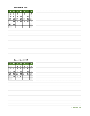 November and December 2020 Calendar with Notes