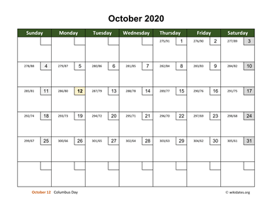 October 2020 Calendar with Day Numbers