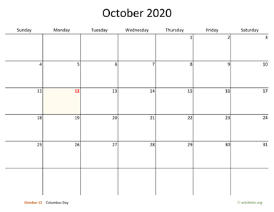 October 2020 Calendar with Bigger boxes