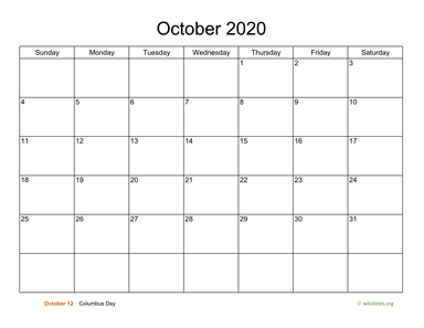 Basic Calendar for October 2020