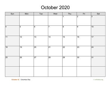 October 2020 Calendar with Weekend Shaded