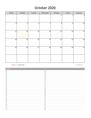 October 2020 Calendar with To-Do List