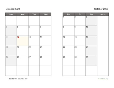 October 2020 Calendar on two pages