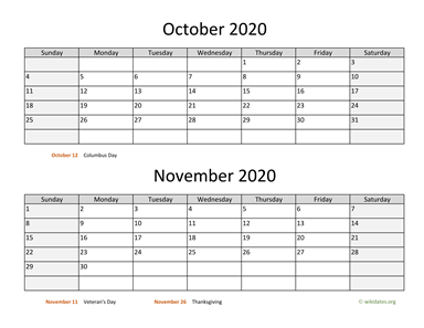 October and November 2020 Calendar Horizontal