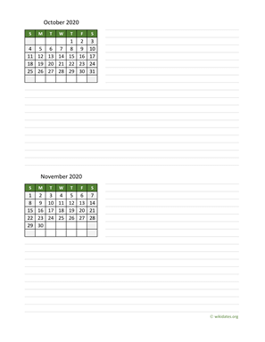 October and November 2020 Calendar with Notes