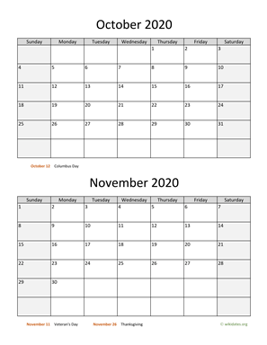October and November 2020 Calendar Vertical