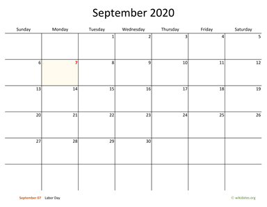September 2020 Calendar with Bigger boxes