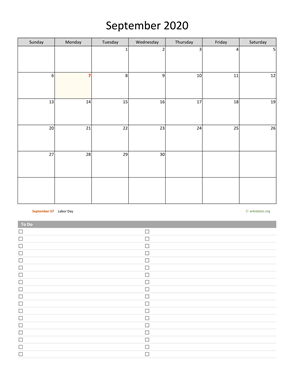 September 2020 Calendar with To-Do List