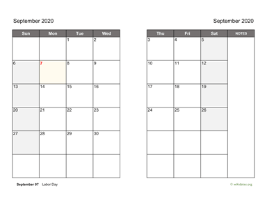 September 2020 Calendar on two pages