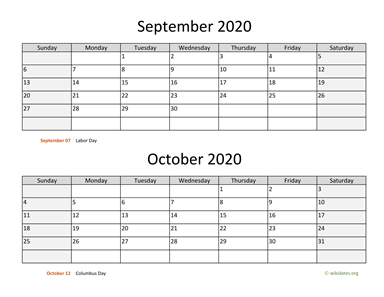 September and October 2020 Calendar Horizontal
