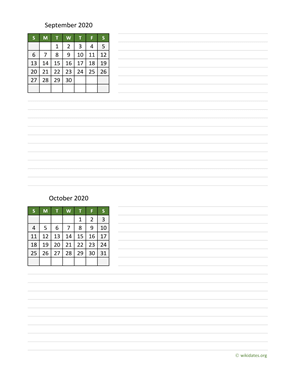 September and October 2020 Calendar with Notes